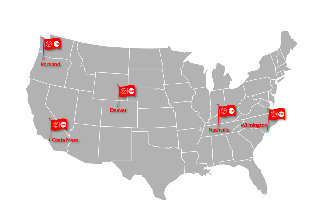 Map of Tree House Recovery Locations: Portland, OR, Costa Mesa, CA, Denver, CO, Nashville, TN, Wilmington, NC.